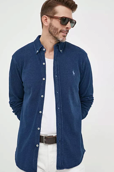foto бавовняна сорочка polo ralph lauren чоловіча колір синій regular комір button-down