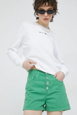 Podrobnoe foto джинсові шорти tommy jeans жіночі колір зелений однотонні висока посадка