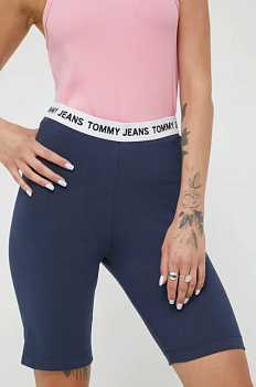 foto шорти tommy jeans жіночі колір синій однотонні висока посадка